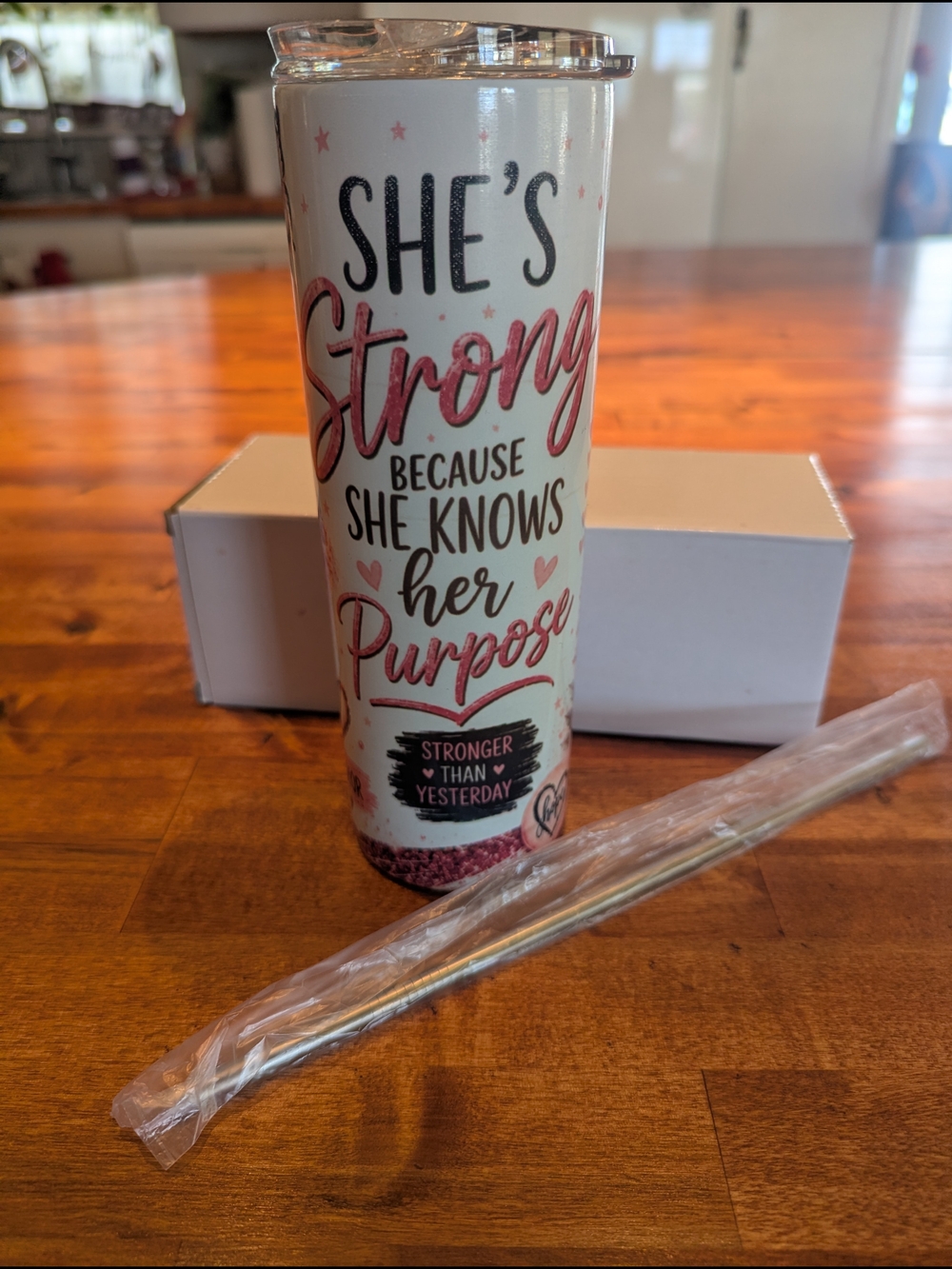 Cancer Inspirational Pink Stainless Tumbler - She's Strong, 20 oz